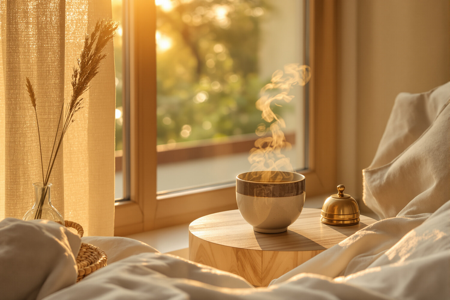 Lumière matinale dorée sur une tasse fumante de tisane posée sur table en bois
