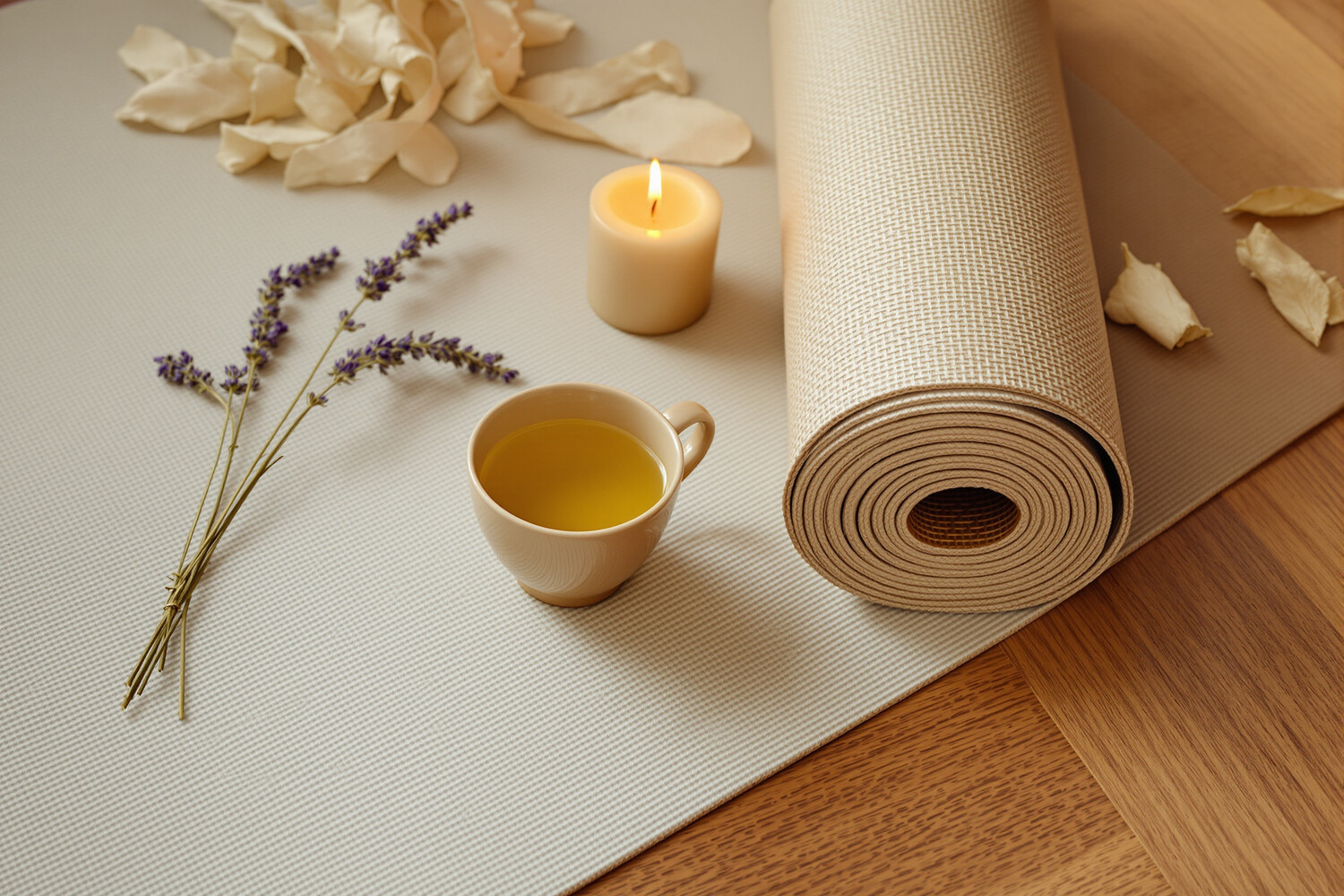 Tapis de yoga roulé, tasse de tisane et bougie sur parquet, ambiance ayurvédique