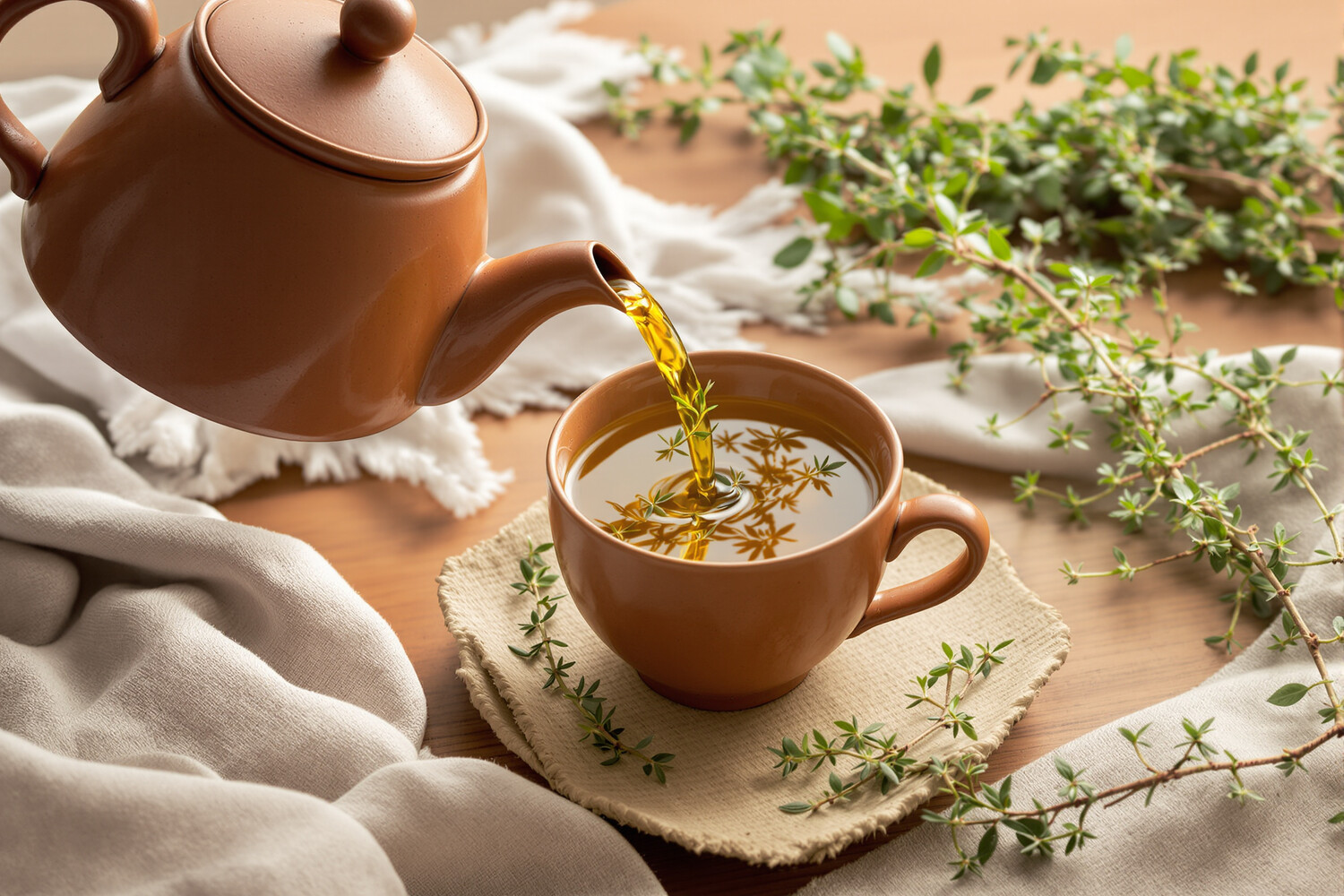 Tisane de thym dans un mug en terre cuite avec brins frais