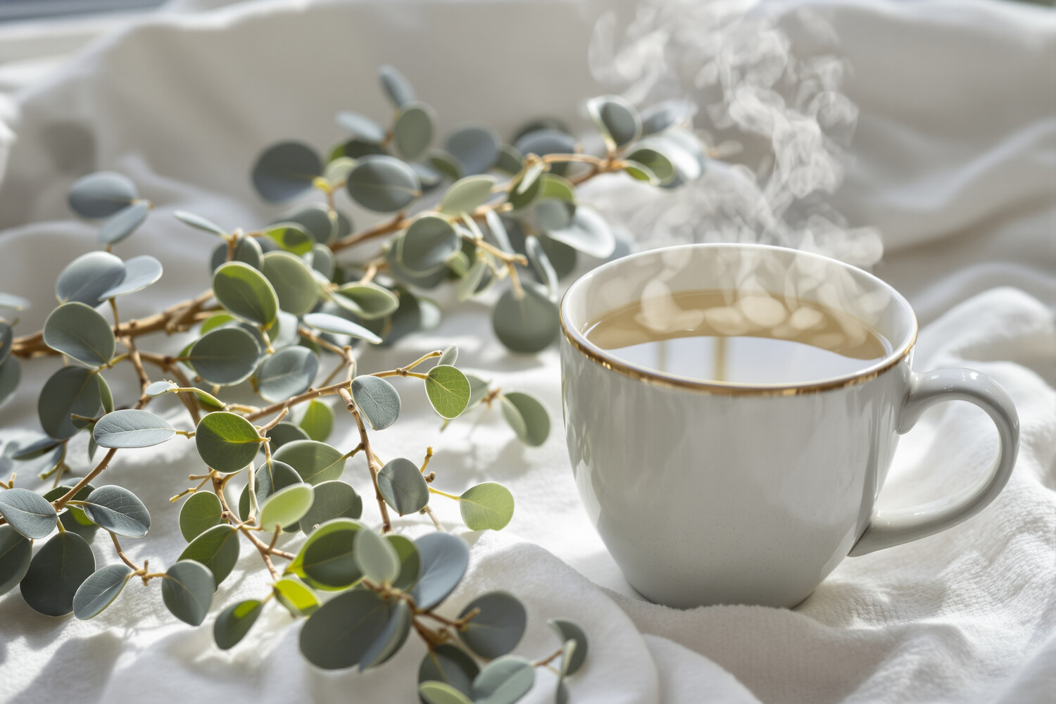 Branches d'eucalyptus argenté et tasse fumante d'infusion claire en hiver
