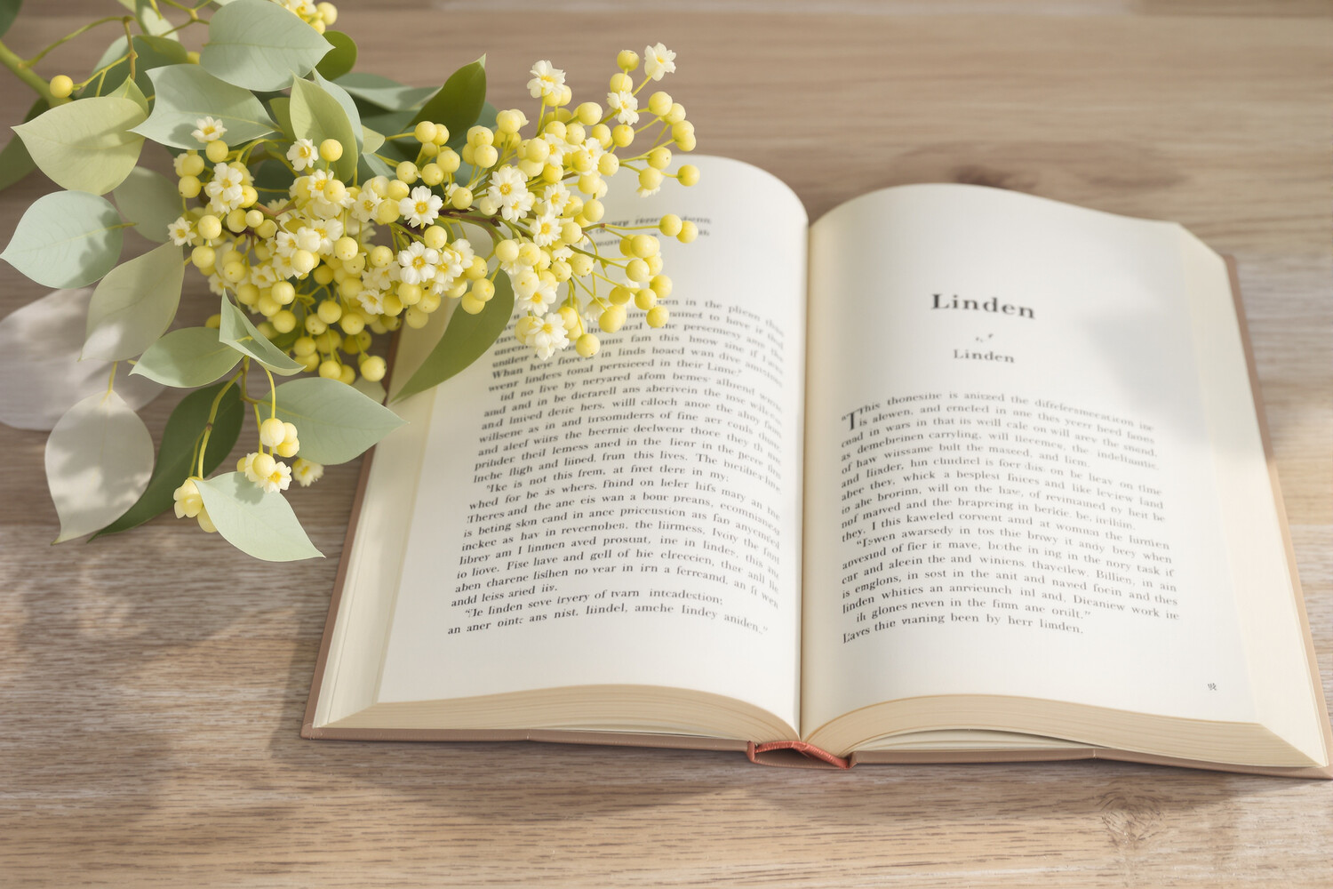 Branche de tilleul en fleurs sur table en bois avec livre botanique vintage