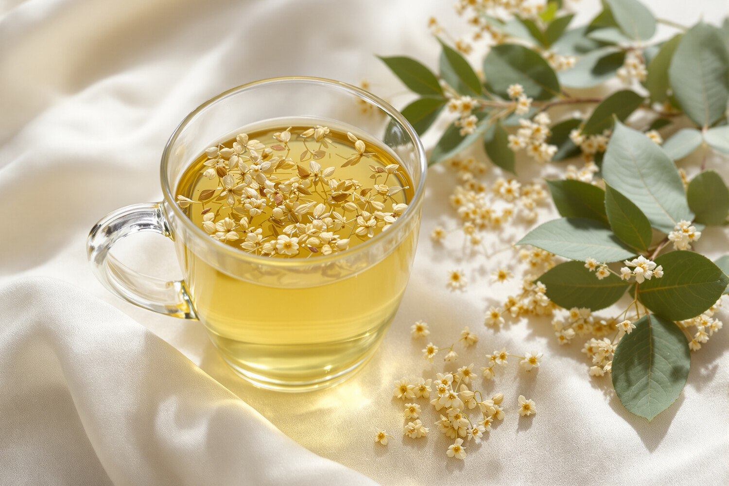 Infusion de tilleul dans un mug en verre avec fleurs séchées flottantes