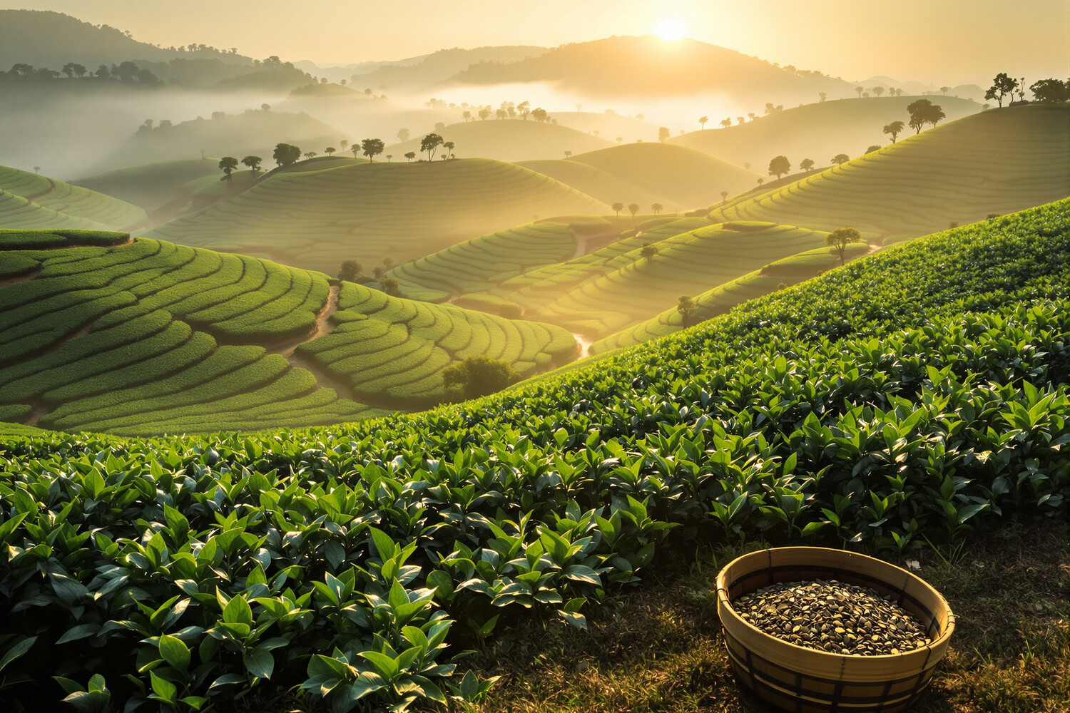 Plantation de thé Darjeeling sur collines au lever du soleil avec panier de feuilles