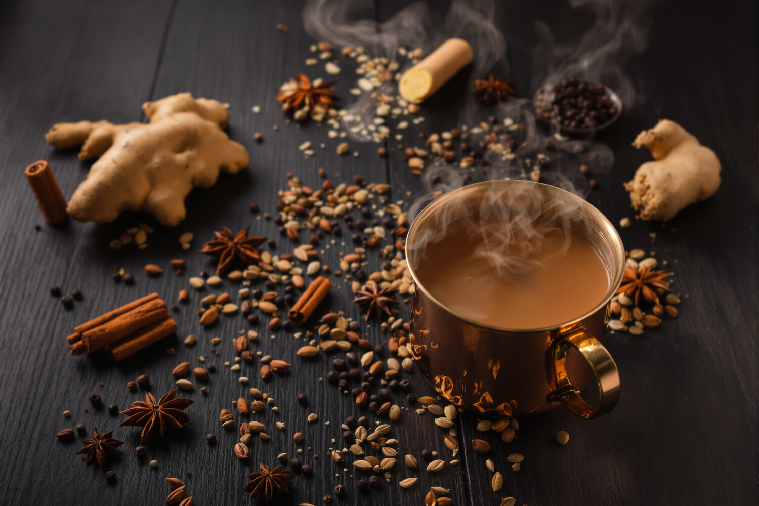 Bouilloire de masala chai indien fumant avec cardamome, cannelle et gingembre