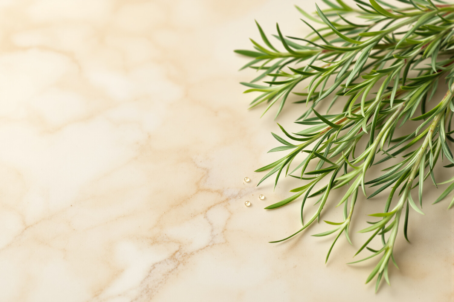 Macro de feuilles de romarin frais et gouttes d'huile essentielle sur marbre crème