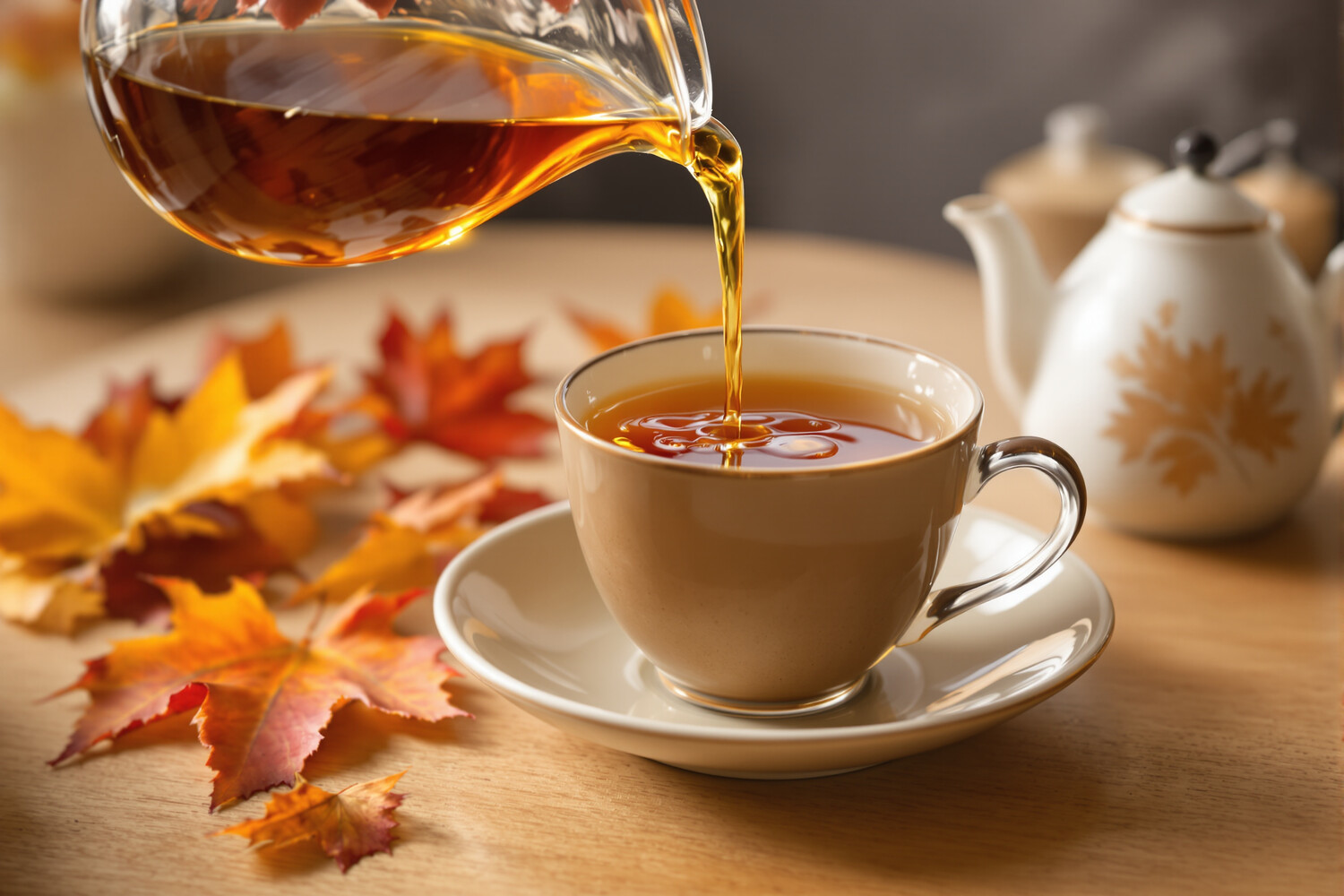 Sirop d'érable versé dans une tasse de thé avec feuilles d'érable
