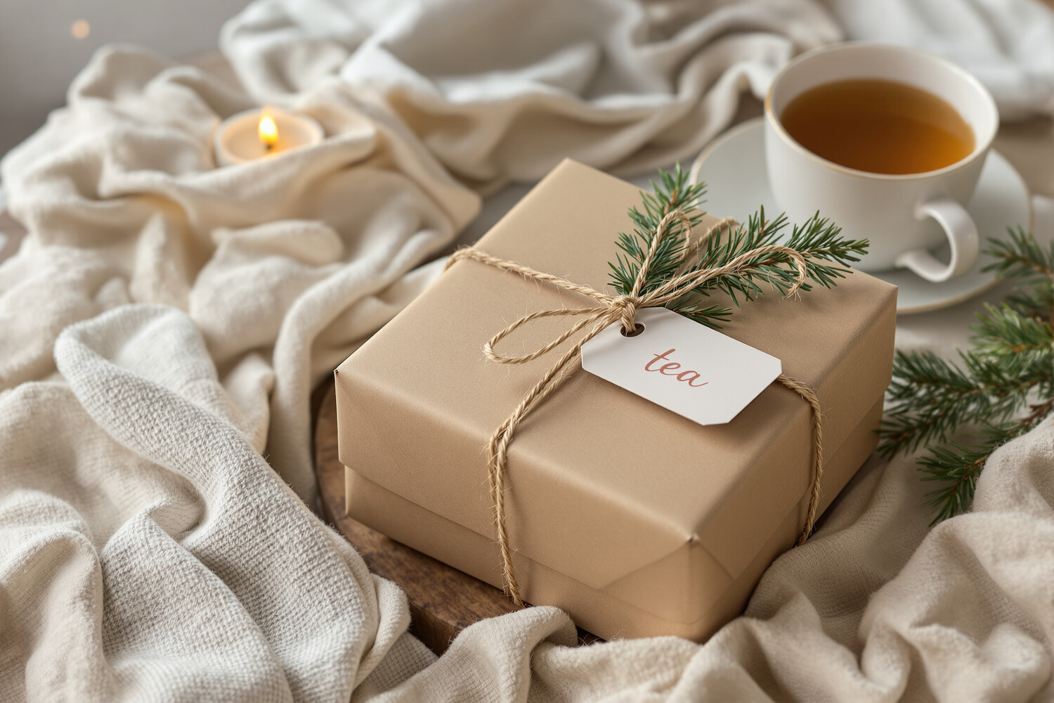 Christmas gift wrapped in kraft paper with natural twine and a sprig of pine