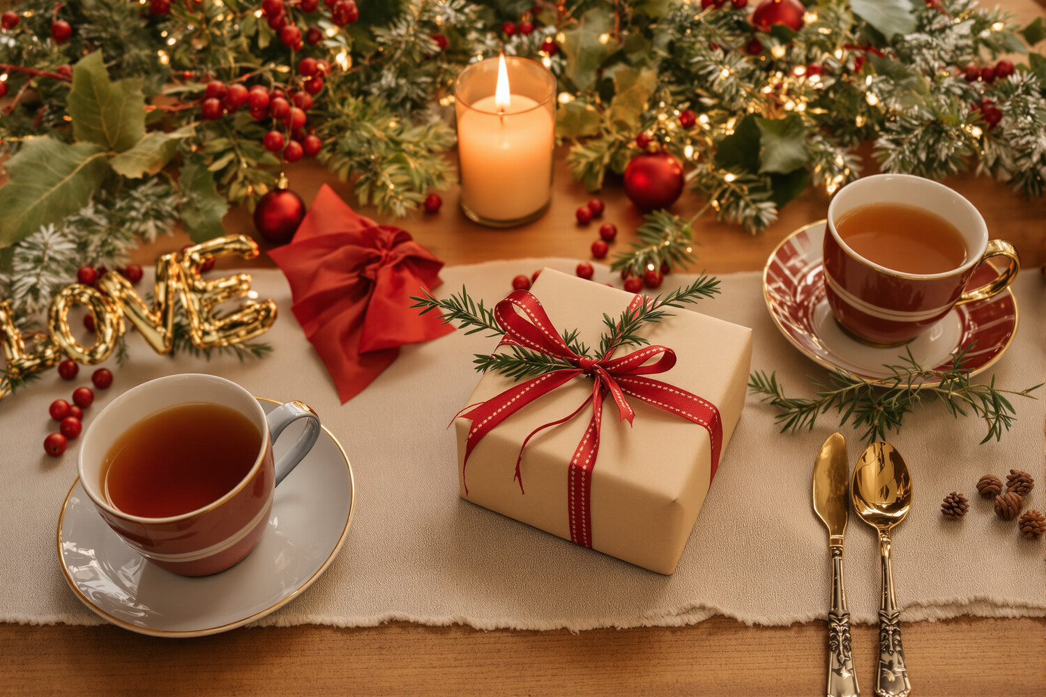 Festive Christmas table with a cup of tea, a candle and a small wrapped gift