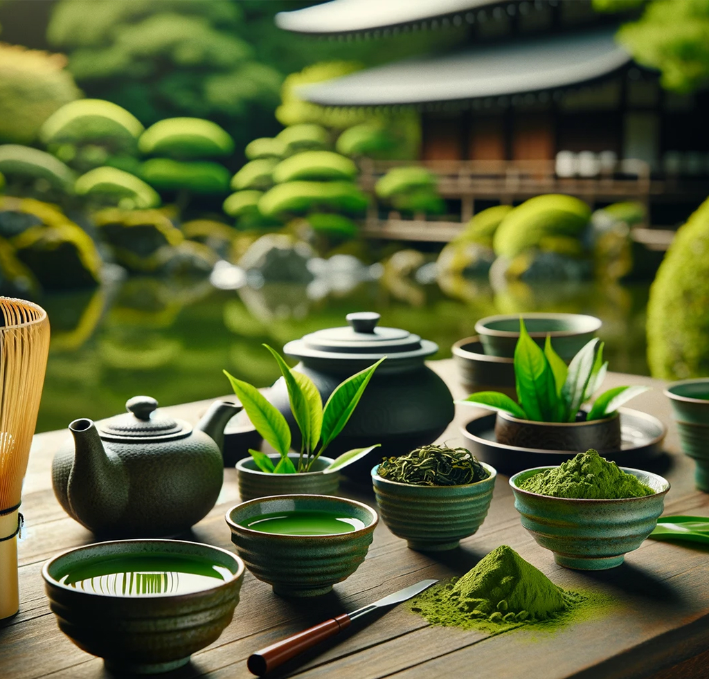 An inviting scene featuring a beautifully arranged Japanese tea set on a wooden table in a traditional Japanese garden. The focus is on loose leaf Sencha green tea and powdered Matcha tea, with fresh green Sencha leaves and finely ground vibrant Matcha powder prominently displayed. The tea set includes elegant ceramic cups, a teapot, a bamboo whisk, and a small bowl for the Matcha powder, highlighting the organic and high-quality nature of the teas.